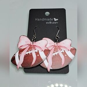 Football with Pink Bow Earrings with Stainless Steel Ear Wires